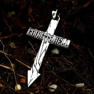 Retro stainless steel cross arrow pendant with Going To Hell engraving in silver finish