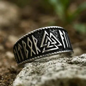 Nordic Viking Valknut Runes Ring For Men Titanium Steel Vintage Odin Letter Finger Ring Men Stainless Steel Jewelry
