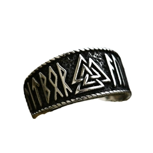 Vintage Viking Valknut and Runes stainless steel ring for men with oxidized finish