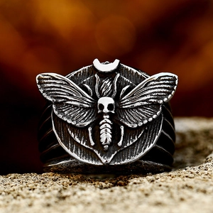 Gothic Vintage Titanium Steel Skull Moth Ring For Men Punk Death's Head Hawkmoth Crescent Moon Biker Finger Ring Gift