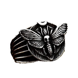 Vintage stainless steel skull moth ring with crescent moon in oxidized silver finish