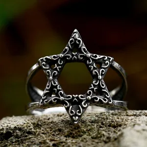 Vintage Stainless Steel Hexagram Star Of David Ring Punk Engraved Hollow Religious Men Fashion Jewelry Accessory