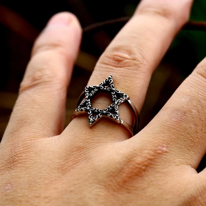 Detailed view of retro stainless steel hexagram ring with antique finish on model hand