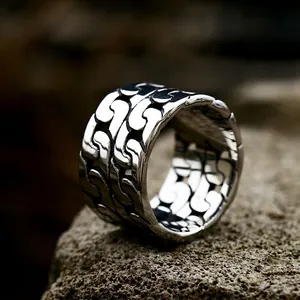 Vintage Punk Stainless Steel Cuban Chain Ring Wide Band Hollow Out Industrial Style Jewelry Gift Accessory For Men