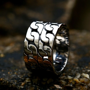 Men's punk stainless steel wide ring with silver double row Cuban chain link design