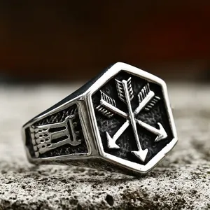Chevalière en Acier Inoxydable Vintage pour Hommes Argent Antique Flèches Croisées Hexagone Punk Gothique Bijoux