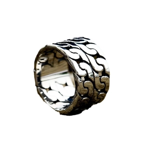 Polished silver stainless steel Cuban link chain ring with hollowed S-pattern for men