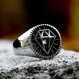 Vintage Stainless Steel Signet Ring For Men Retro Oxidized Band With Zirconia Diamond Geometric Outline Biker Jewelry