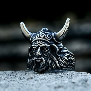 Nordic Viking Warrior Ring Retro Stainless Steel Horned Helmet Pirate Face Ring For Men Punk Gothic Jewelry Finger Ring