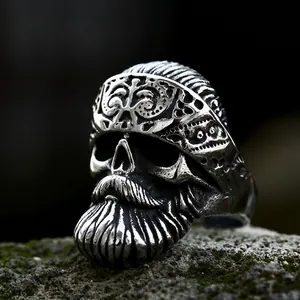 Vintage Bearded Skull Ring For Men Titanium Steel Punk Gothic Biker Ring Retro Antiqued Silver Color Statement Men Jewelry Gift