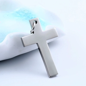 Polished stainless steel cross pendant necklace with minimalist design and smooth silver finish