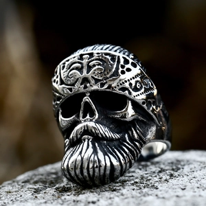 Vintage punk skull ring with beard and detailed bandana in polished stainless steel