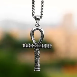 Retro stainless steel Ankh cross pendant necklace with Eye of Horus engravings for men