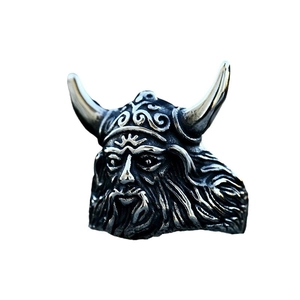 Vintage Viking warrior stainless steel ring with horned helmet and antique finish