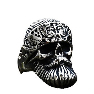 Vintage punk skull ring with beard and textured forehead in black oxidized stainless steel