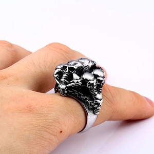 Punk style skull stack ring in silver stainless steel with a gothic vintage finish