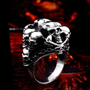 Retro punk skull stainless steel ring for men with Gothic stacked bone design