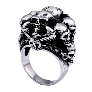 Men's punk gothic skull ring in vintage oxidized stainless steel with multiple skull carvings