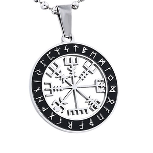 Vintage stainless steel Viking Vegvisir compass pendant necklace with Nordic rune circle