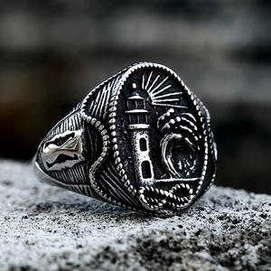 Vintage stainless steel lighthouse ring for men with nautical wave relief in retro silver