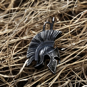 Vintage Spartan warrior helmet pendant made of stainless steel with aged silver finish