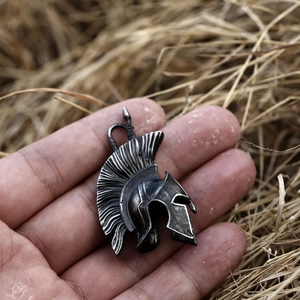 Vintage Spartan helmet pendant in stainless steel with retro aged finish for necklaces