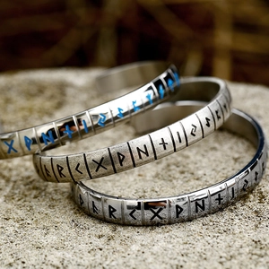 Vintage stainless steel Viking Rune cuff bracelets with polished and matte finishes