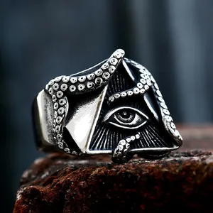 Macro shot of vintage steel gothic ring with eye of providence and octopus tentacles