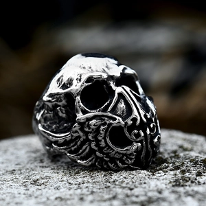 Men Vintage Gothic Skull Ring Stainless Steel Punk Rock Distressed Skeleton Wing Band Ring Hip Hop Biker Finger Jewelry