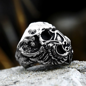 Gothic punk skull ring with dragon wings in vintage stainless steel for men