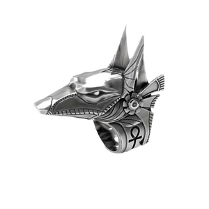 Bague tête de loup égyptien Anubis vintage en acier inoxydable avec symbole Ankh