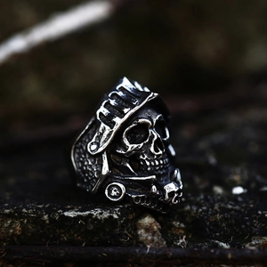 Vintage stainless steel skull knight helmet ring for men with gothic oxidized finish