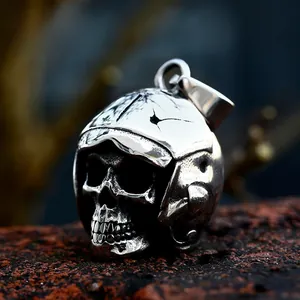 Pendentif Tête de Mort Acier Inoxydable Casque Pilote Gothique Punk Biker Bijoux Homme Vintage Vieilli Heavy Metal Seul