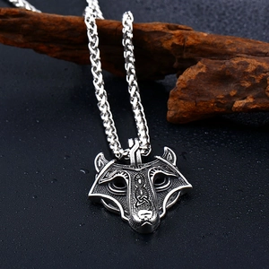 Vintage stainless steel wolf head pendant necklace with Celtic knot patterns for men