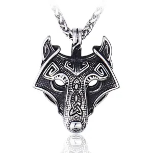 Nordic Viking Wolf Head Pendant For Men Stainless Steel Retro Animal Totem Celtic Knot Distressed Silver Finish Jewelry
