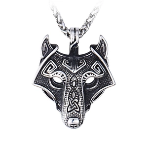 Vintage stainless steel wolf head pendant with Celtic patterns on a metal wheat chain