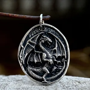 Vintage Stainless Steel Western Dragon Relief Oval Pendant Gothic Punk Jewelry For Men Pendant Only Without Chain