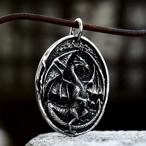 Vintage stainless steel dragon pendant necklace with detailed relief carving for men