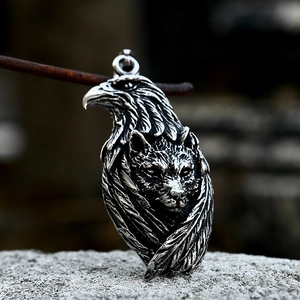 Retro stainless steel owl and wolf head pendant with detailed gothic carvings and antique finish