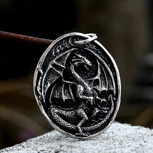 Vintage stainless steel dragon pendant necklace with oval relief carving for men