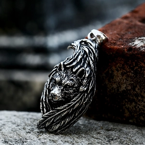 Retro stainless steel wolf head and owl feather pendant necklace in vintage silver finish