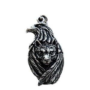 Vintage stainless steel eagle and wolf head pendant with oxidized silver finish