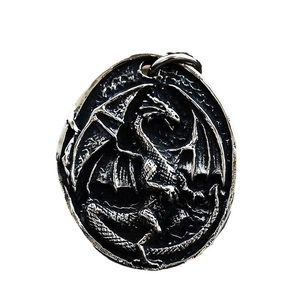 Vintage stainless steel dragon pendant necklace with detailed wing engraving and silver finish