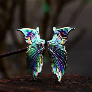 Rainbow plated stainless steel angel wing pendant with detailed texture and metallic luster