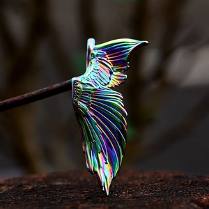 Rainbow iridescent stainless steel angel wing pendant necklace with detailed feathers