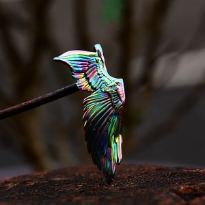 Rainbow plated stainless steel angel wing pendant with detailed feather texture design
