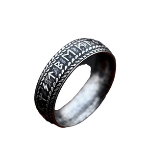 Vintage Viking runes engraved steel ring for men with oxidized silver finish and relief texture