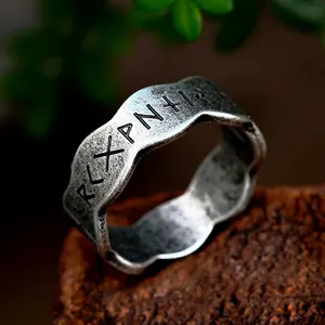 Vintage Stainless Steel Nordic Viking Runes Ring Scalloped Edge Antique Silver Band Ring For Men Women Punk Jewelry