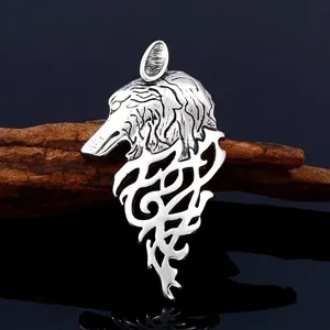 Pendentif Tête De Loup Viking Nordique Rétro Acier Inoxydable Flamme Tribale Creuse Accessoire De Collier Hommes Femmes Bijoux