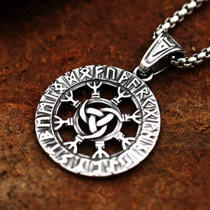 Vintage Viking runes necklace with Odin knot pendant in polished stainless steel for men